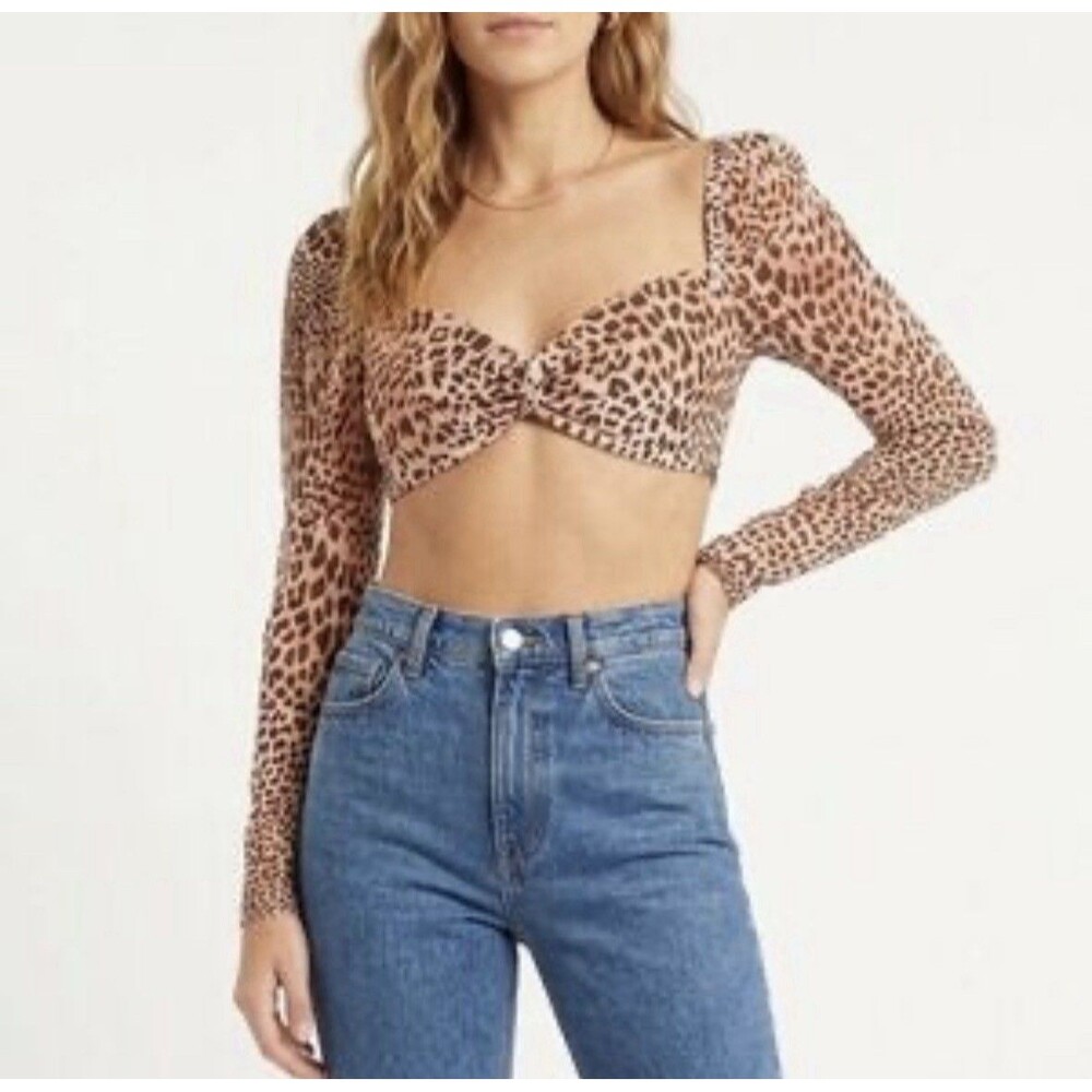 Naked Wardrobe Women’s Top Cropped Long Sleeve Small Smocked Animal Print